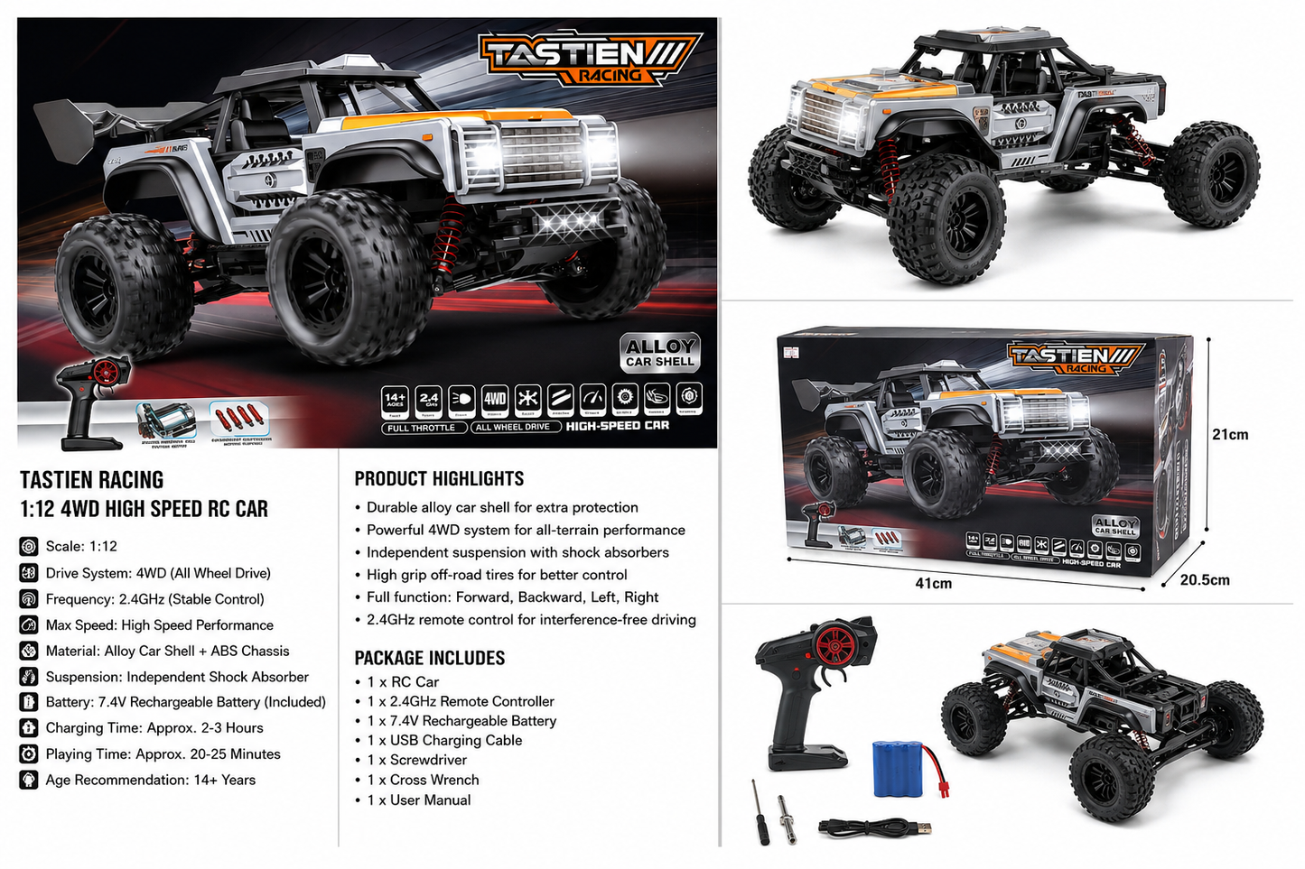 Tastien Racing 4WD High-Speed RC Off-Road Truck 2.4GHZ Remote Control Rechargeable battery Included Absorber Suspension 1:12 Scale RC