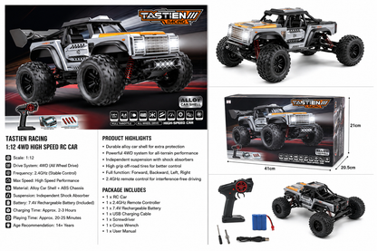 Tastien Racing 4WD High-Speed RC Off-Road Truck 2.4GHZ Remote Control Rechargeable battery Included Absorber Suspension 1:12 Scale RC