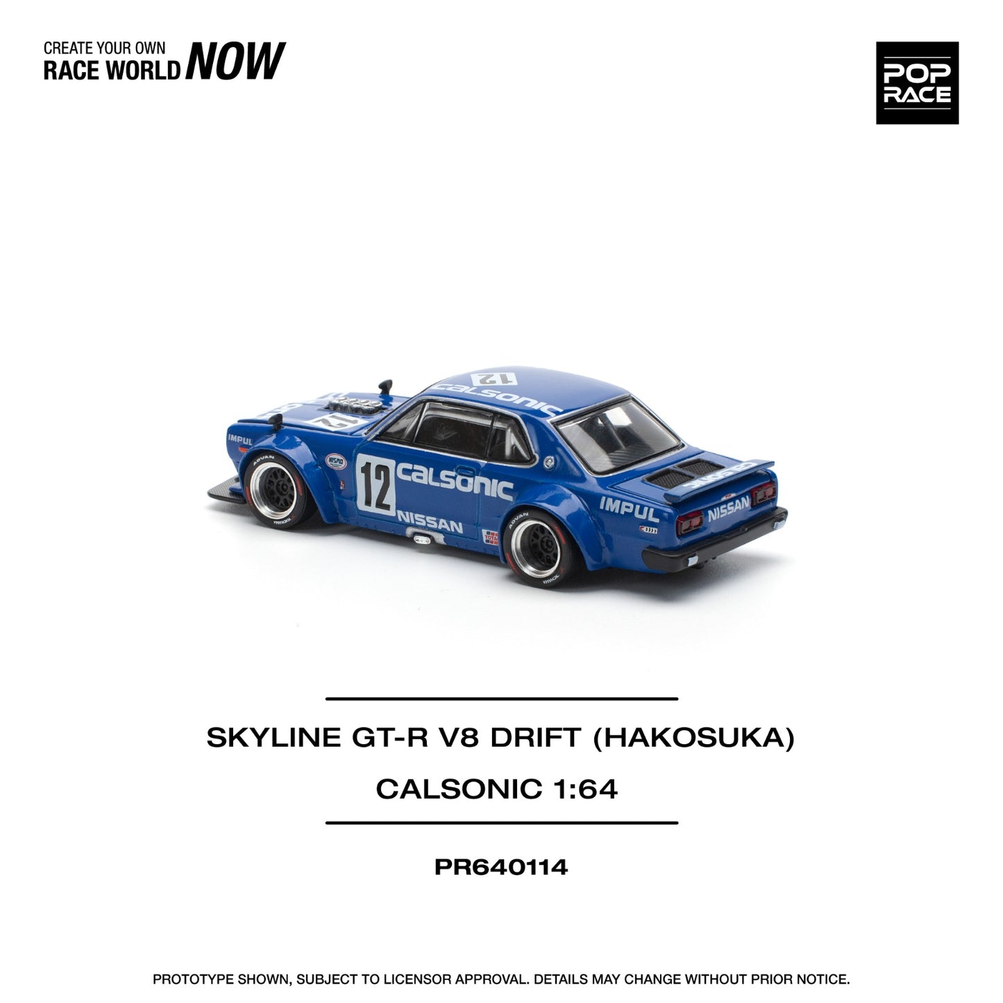 ( PR640114 ) POP RACE SKYLINE GT-R V8 DRIFT HAKOSUKA CALSONIC Diecast Model 1:64 Scale