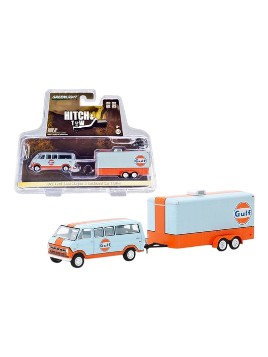 Greenlight 1972 ford club wagon & enclosed car trailer imported team transport 1:64 Scale