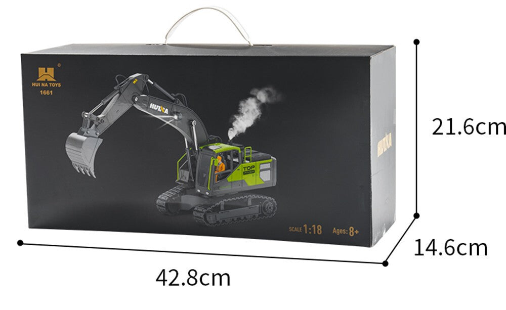 Huina Toys 1661 RC Excavator With 13 Function upgrade Alloy 3.7V 500mAh Li-ion battery ( Play Time: Approx. 20–30 mins (per charge) Remote Controller (batteries not included) USB Charging Cable 1:18 Scale