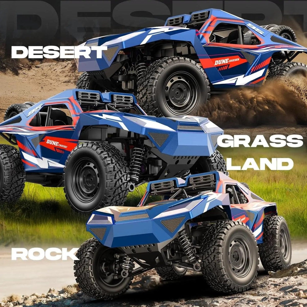 Dune Cruiser Racing 1:16 Scale 4WD High-Speed Off-Road RC Rock Crawler Buggy (40+ KM/H, 2.4GHz) Battery: 7.4V Rechargeable Li-ion / Li-Po Battery (USB Fast Charging Cable included) Color: Matte Crimson Red with Black & White Racing Graphics