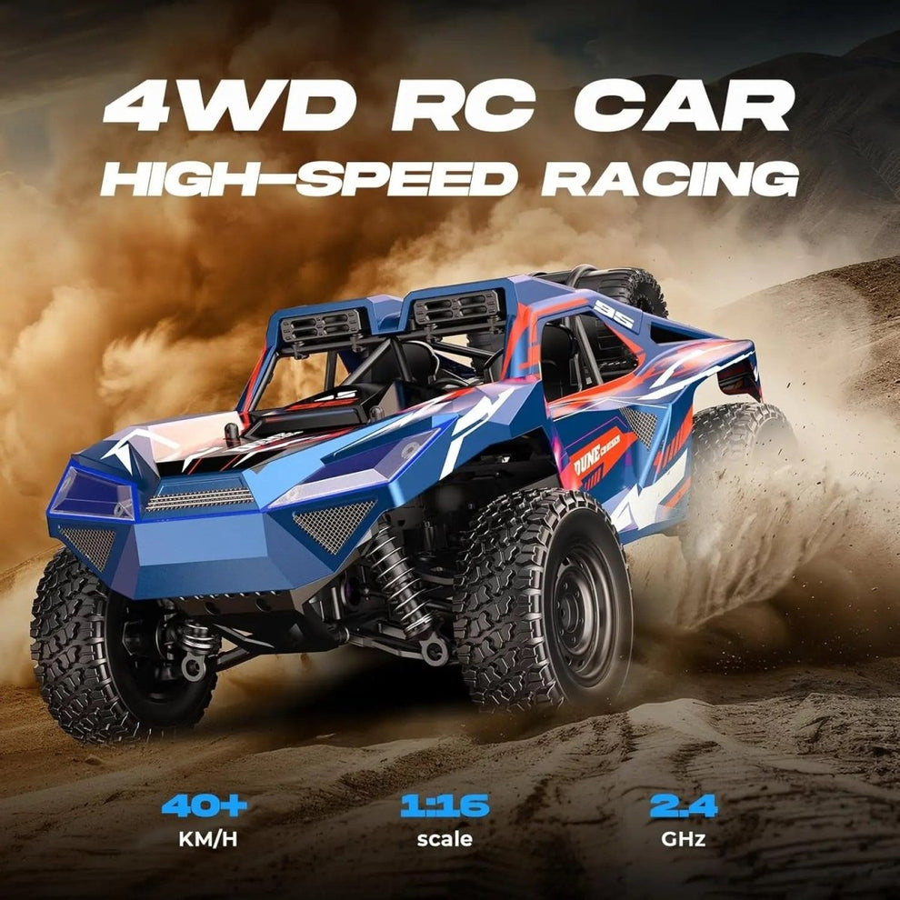 Dune Cruiser Racing 1:16 Scale 4WD High-Speed Off-Road RC Rock Crawler Buggy (40+ KM/H, 2.4GHz) Battery: 7.4V Rechargeable Li-ion / Li-Po Battery (USB Fast Charging Cable included) Color: Matte Crimson Red with Black & White Racing Graphics