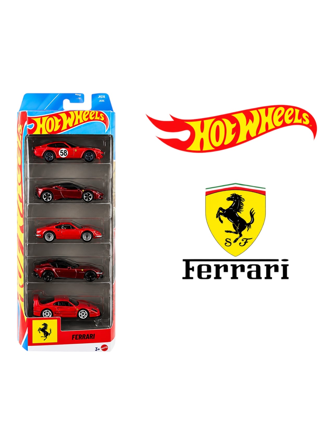 Hot Wheels Car 2026 Ferrari Pack of 5 five pack(Dino 206 GT, SF90 Stradale, 365 GTB4 C, Money Gram Haas, 12 Cilindri F40 Competizione) Imported Mainline 1:64 Scale