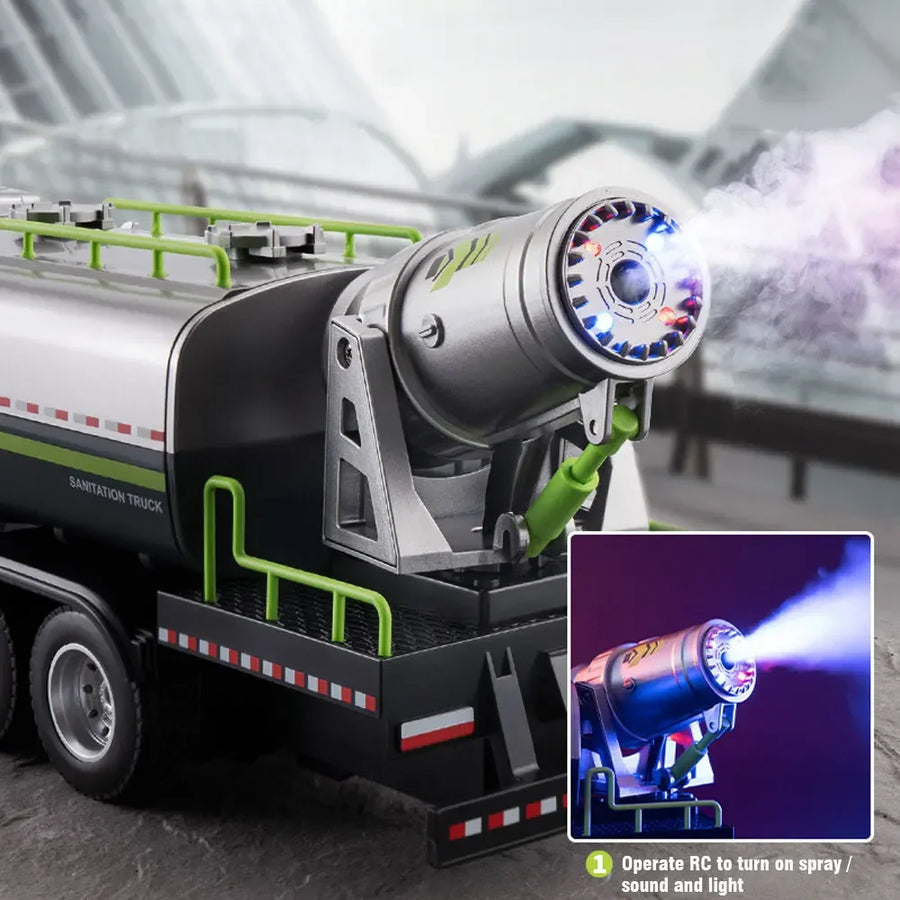Huina Toys 616 RC Sprinkler Truck / Water Tanker 1:18 Scale Remote Control Truck 2.4GHz LED Lights Rechargeable Battery Playtime 30 minute Perfect dateling