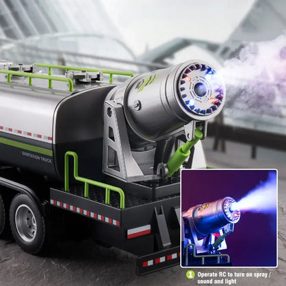Huina Toys 616 RC Sprinkler Truck / Water Tanker 1:18 Scale Remote Control Truck 2.4GHz LED Lights Rechargeable Battery Playtime 30 minute Perfect dateling