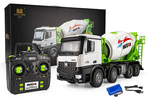 Huina Toys 1537 Concrete Mixer Truck 12 Function 2.4GHz Remote control (RC) Construction Vehicle with Rotating Drum, LED Lights & Rechargeable Battery 1:14 Scale