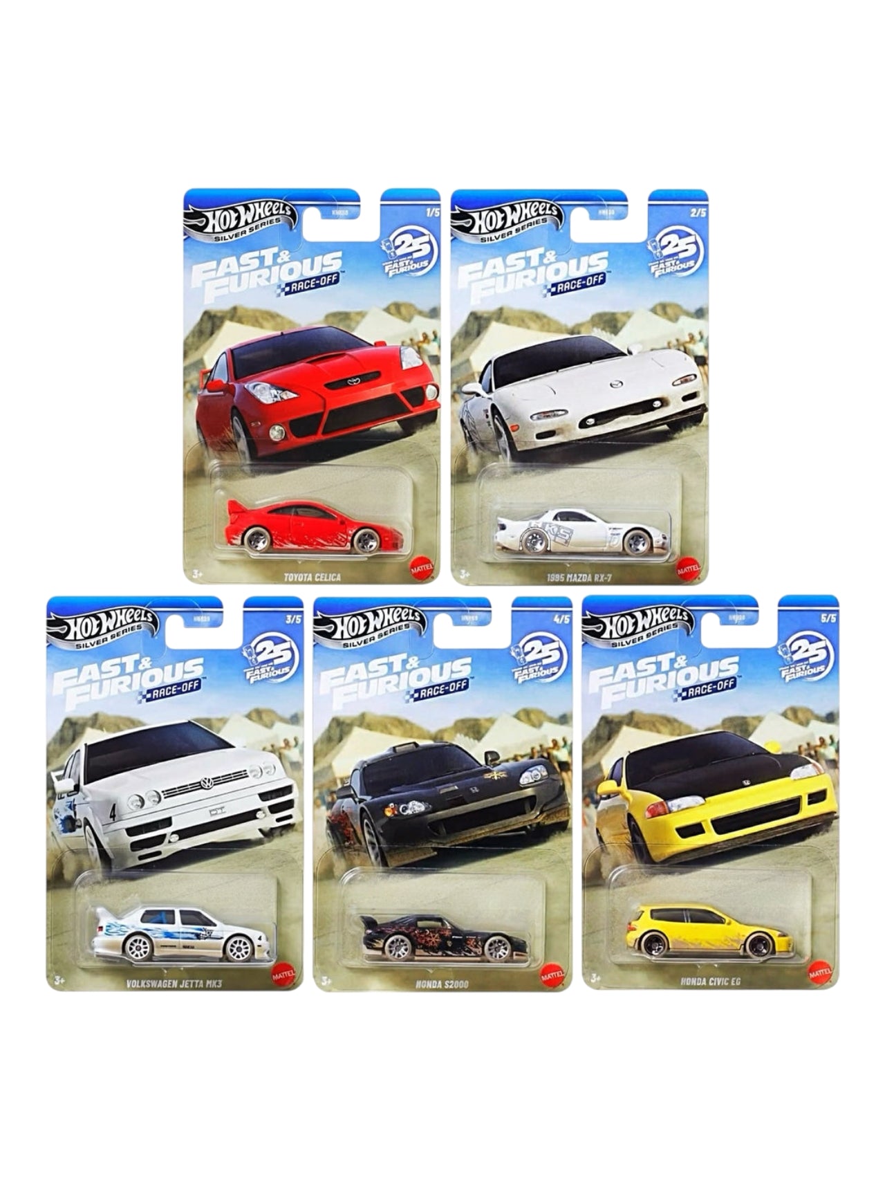 HotWheels Silver Series Fast And Furious Race- Off Set Of 5 Diecast Toyota Celica , Mazda RX-7 , Honda S2000 , Civic Eg , Volkswagen Jetta Mk3  1:64 Scale