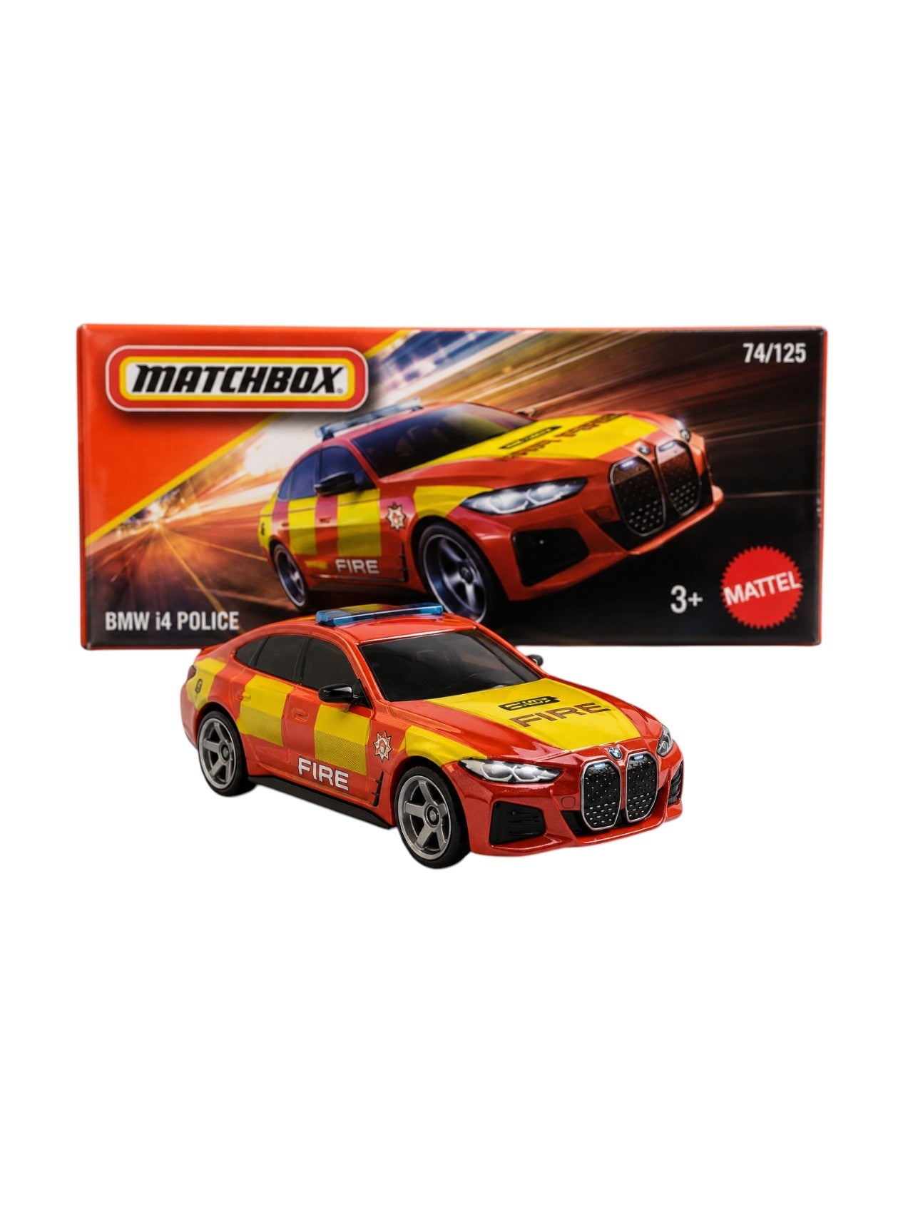 Matchbox Mainline BMW i4 Police Fire Response 1:64 Scale Diecast Model Car – Red & Yellow Emergency Vehicle Collectible Toy