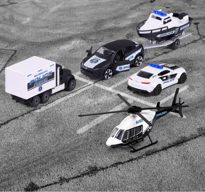 Majorette Police Force Gif pack – 5-Piece Die-Cast Vehicle Set | Chevrolet Camaro, Mack Granite, Bell 429 Helicopter, Lamborghini Urus with Boat Trailer & Police Car | Die-Cast Collection 1:64 Scale