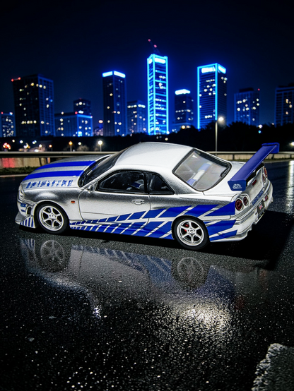 Timemicro Nissan Skyline GT-R R34 Premium Die-cast Collectible Car Model (Blue Stripe Edition) 1:64 Scale