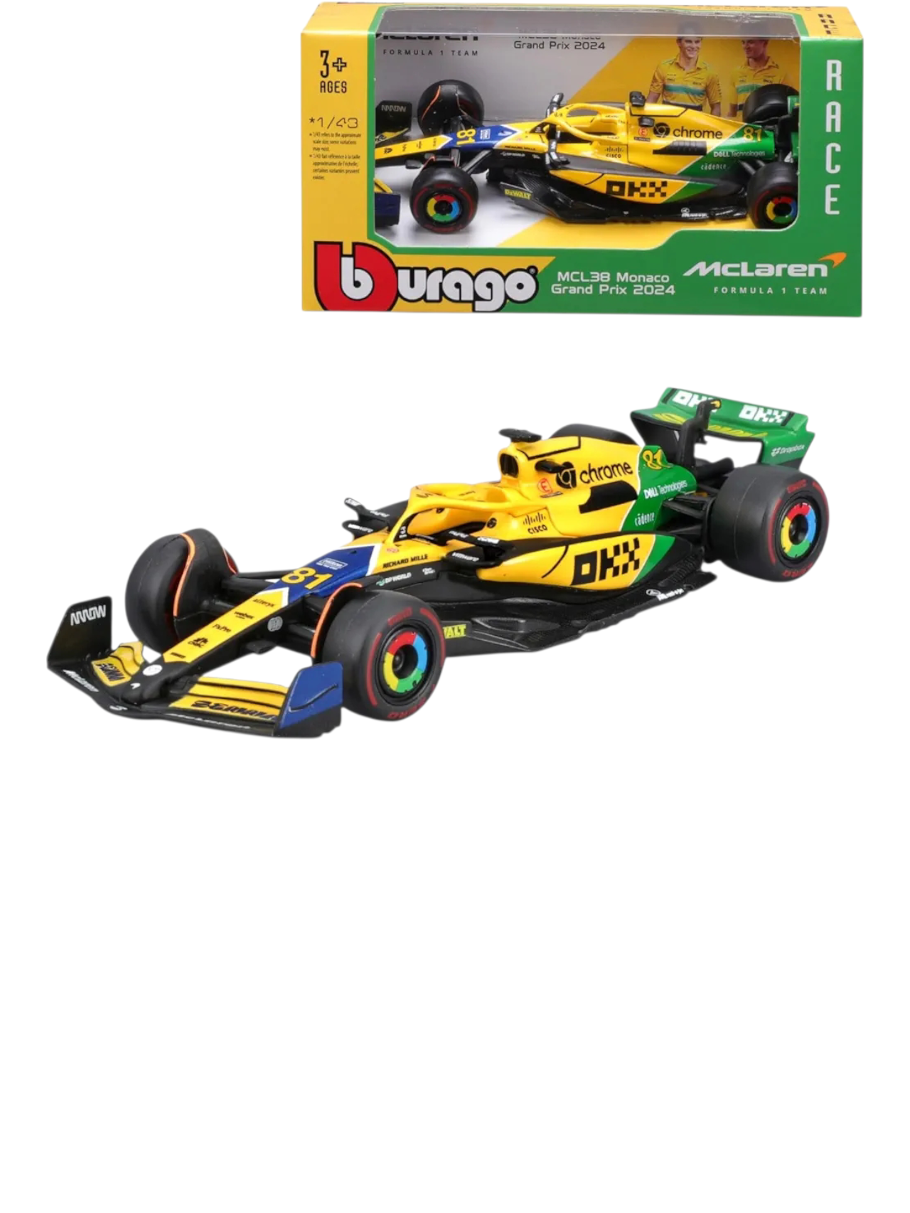 Bburago McLAREN MCL38 2024 MONACO GP Senna livery 30th anniversary - Formula 1 - OSCAR PLATERS 81 - Scale 1:43 12 cm - BBurago 18-38214-P