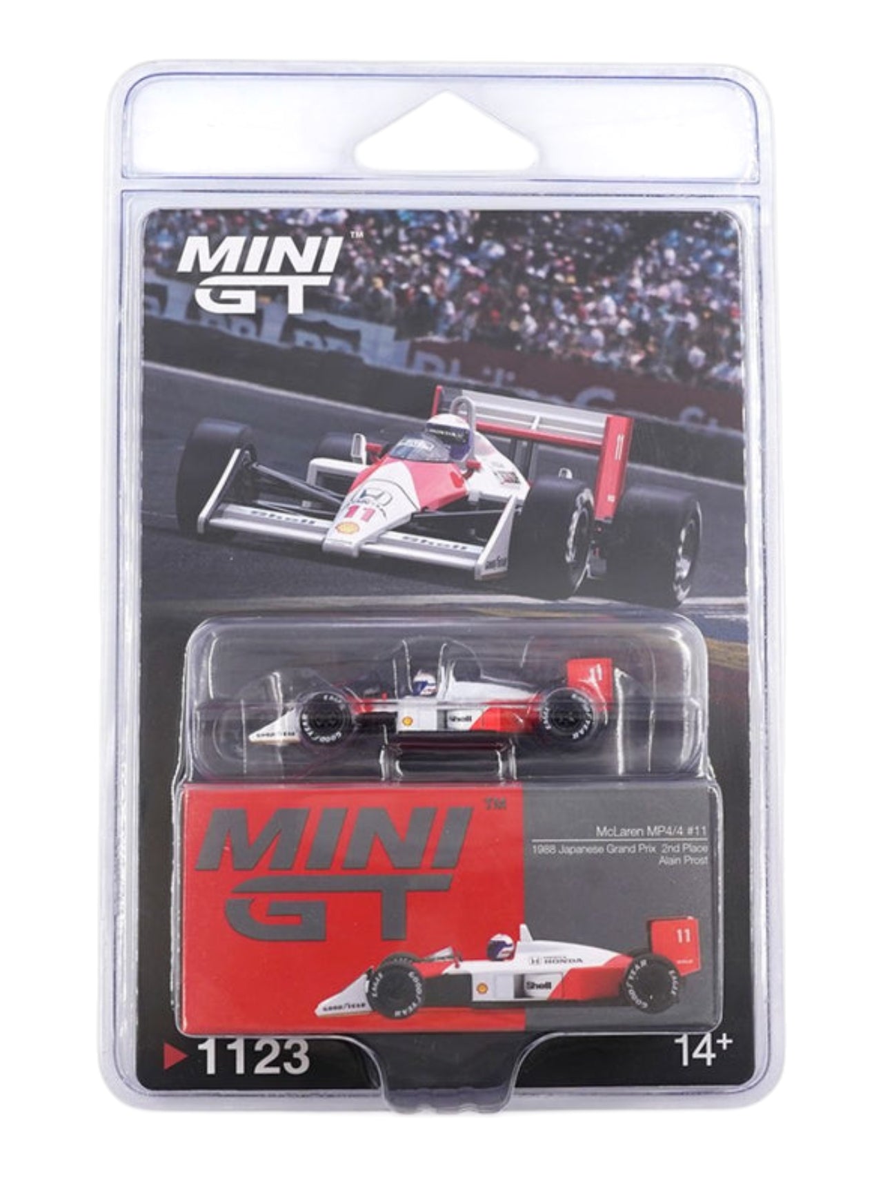 Mini GT #1123: McLaren MP4/4 #11 Alain Prost 1988 Japanese Grand Prix 2nd Place 1:64 Scale