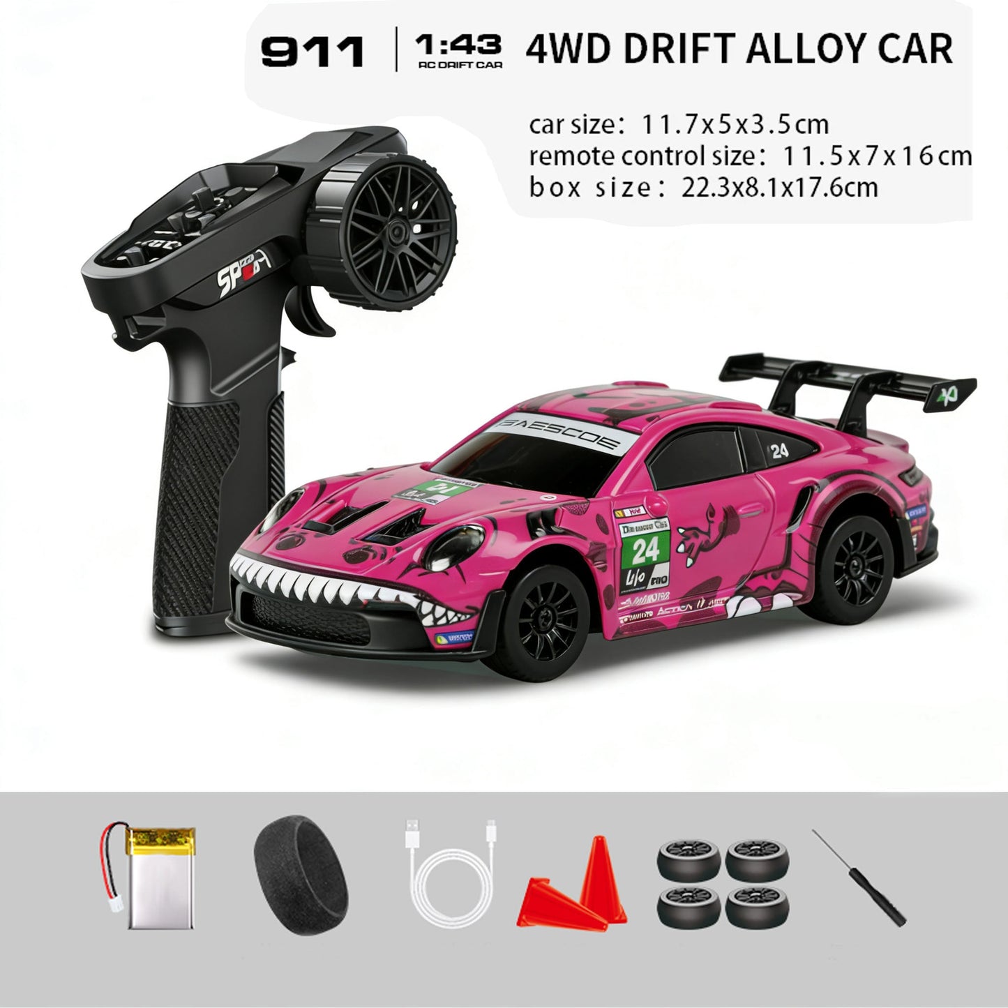 Hstar D43-01Q 4WD Alloy Drift RC Car – 911 Style, Full Proportional Control, Gyro, Dual-Speed, LED Lights & Type-C Charging 1:43 Scale (RC) Remote Control