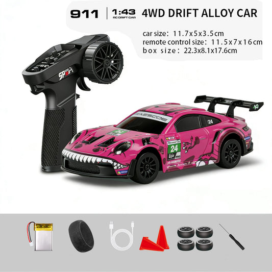 Hstar D43-01Q 4WD Alloy Drift RC Car – 911 Style, Full Proportional Control, Gyro, Dual-Speed, LED Lights & Type-C Charging 1:43 Scale Remote Control