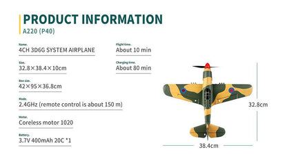 XK A220 P-40 Fighter 3D-6G Mode Uses 6 Axis Gyro Automatic Stabilization Mode 2.4 ghz 4Ch Radio Control Airplane Aircraft