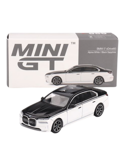 Mini GT BMW i7 xDrive60 (Alpine White/Black Sapphire) 1:64 Scale