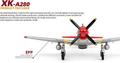 Aircraft A280 P-51 Mustang 2.4GHZ Radio Control Rudder Conversion, 3D / 6G Conversion, Light Switch 560 mm' Scale Rc Airplane ( Remote control)