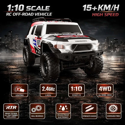RC Cars Racing Rally RTR Remote Control Car 4WD 2.4GHz Brushed Offroad Racing Hobby Grade Model Vehicle with LED Lights 2Pcs Battery Climbing Beast 1:10 Scale