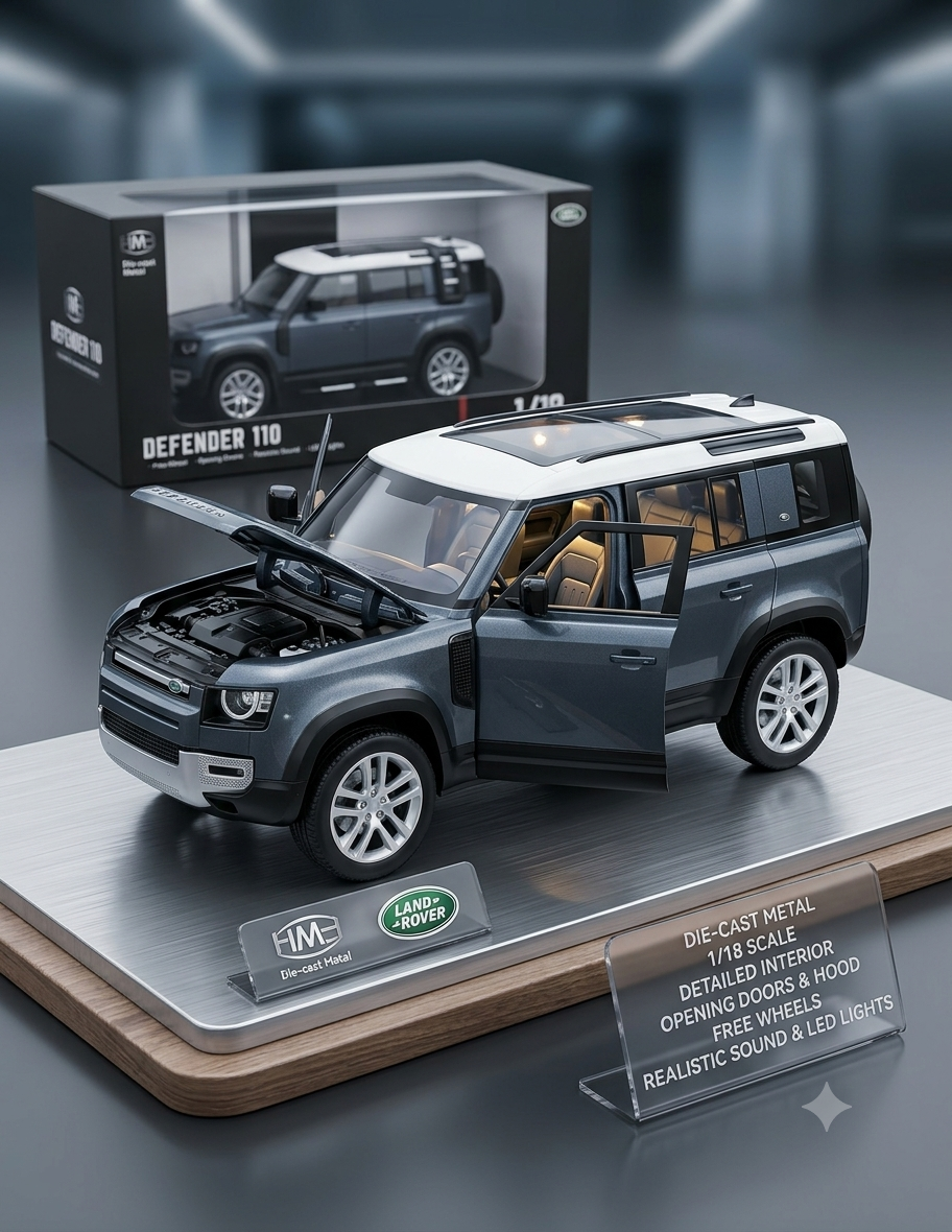 Land Rover Defender 110 Diecast Model 1:18 Scale Alloy Car Model Free Wheels, Opening Parts, Realistic Sound , LED Lights Display Diecast matel