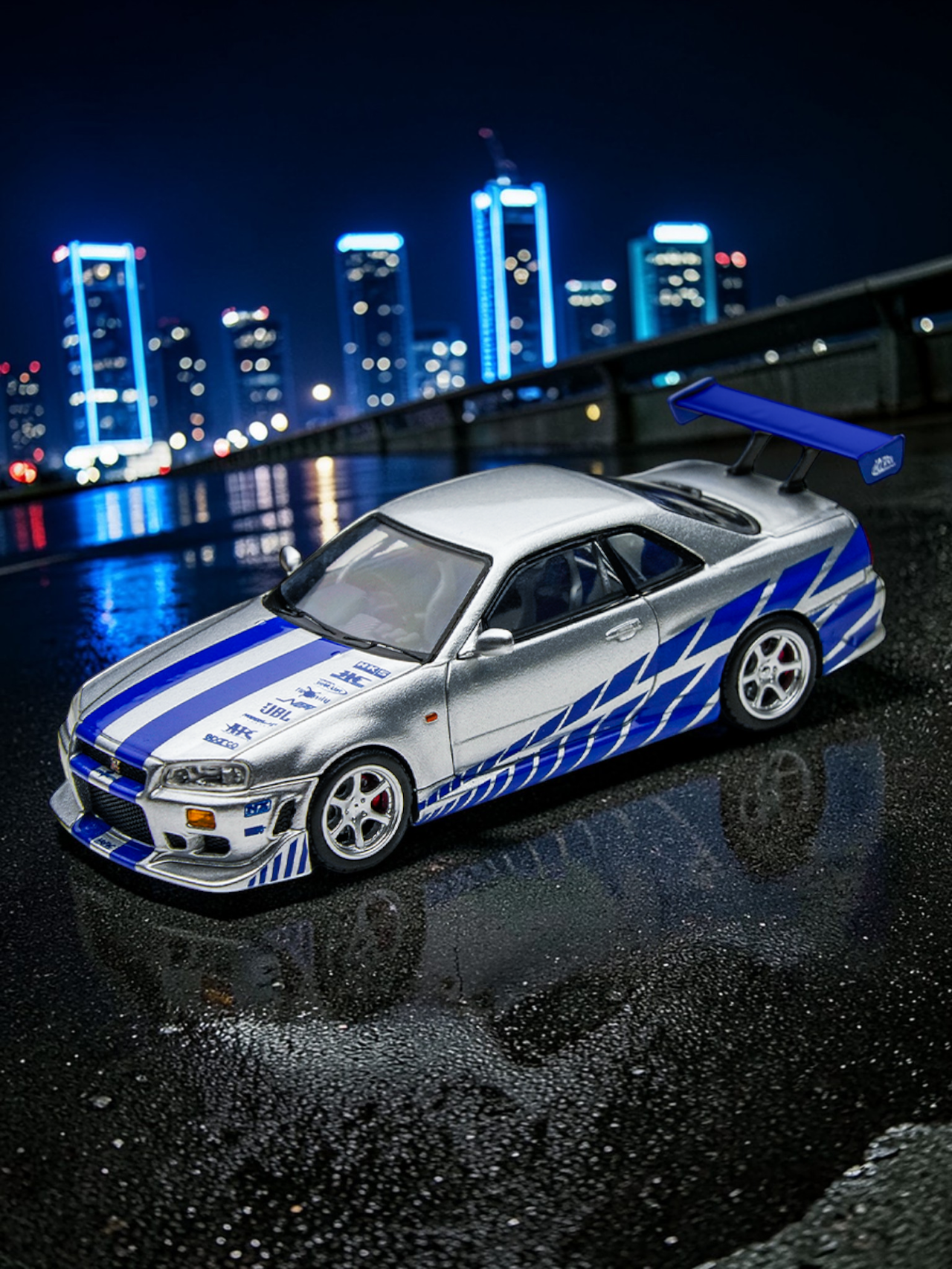 Timemicro Nissan Skyline GT-R R34 Premium Die-cast Collectible Car Model (Blue Stripe Edition) 1:64 Scale