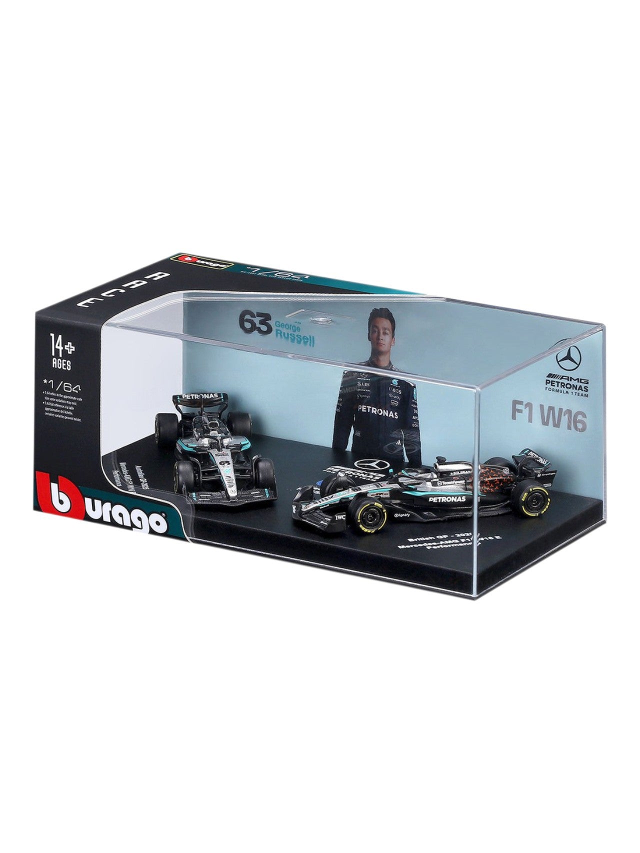 Bburago (18-58020R) Seasonal Livery-2025 Mercedes - Amg F1 W16 E Performance No.63 George Russell 1:64 Scale Diecast Model Acrylic