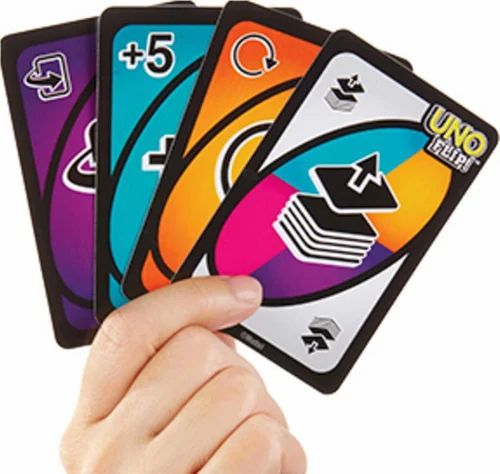 Uno flip the deck change the game play a flip card and all cards change from the mild side to the wild side or vice versa...