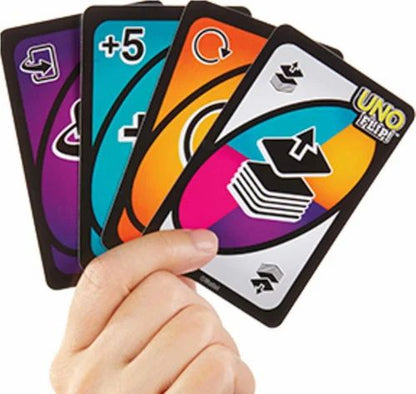 Uno flip the deck change the game play a flip card and all cards change from the mild side to the wild side or vice versa...
