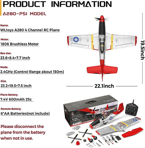 Remote Control Airplane XK A280 P-51 3D/6G 2.4G 4CH Brushless 560mm Wingspan EPP Fixed Wing RC Aircraft Model with 6-Axis Gyro and LED Searchlight (RTF)