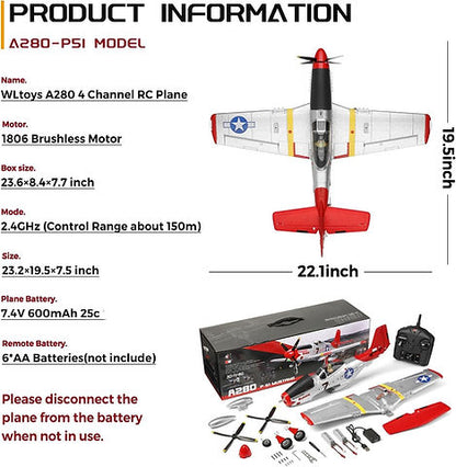 Remote Control Airplane XK A280 P-51 3D/6G 2.4G 4CH Brushless 560mm Wingspan EPP Fixed Wing RC Aircraft Model with 6-Axis Gyro and LED Searchlight (RTF)