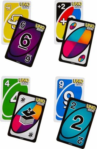 Uno flip the deck change the game play a flip card and all cards change from the mild side to the wild side or vice versa...