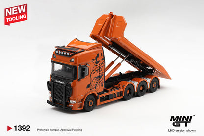 Mini GT No.1392 Scania 770S B8×4NA Hooklift Flatbed Orange 1:64 Scale Diecast Model