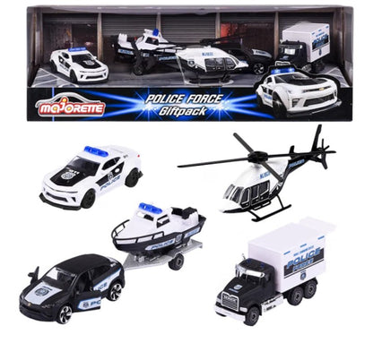 Majorette Police Force Gif pack – 5-Piece Die-Cast Vehicle Set | Chevrolet Camaro, Mack Granite, Bell 429 Helicopter, Lamborghini Urus with Boat Trailer & Police Car | Die-Cast Collection 1:64 Scale