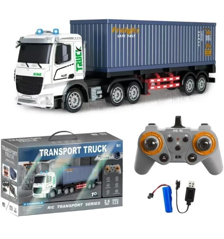 JALKAR 1:12 Scale RC Container Truck with Trailer, Metal Body, 2.4GHz Remote System, 9-Channel Control, LED Lights, Music, (Multi Colour)