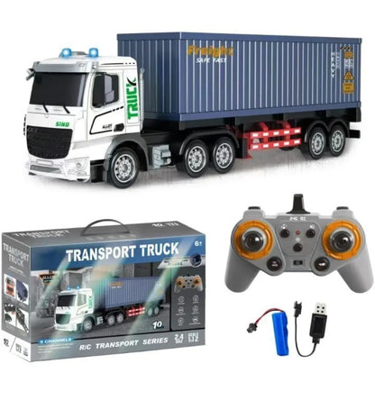 JALKAR 1:12 Scale RC Container Truck with Trailer, Metal Body, 2.4GHz Remote System, 9-Channel Control, LED Lights, Music, (Multi Colour)