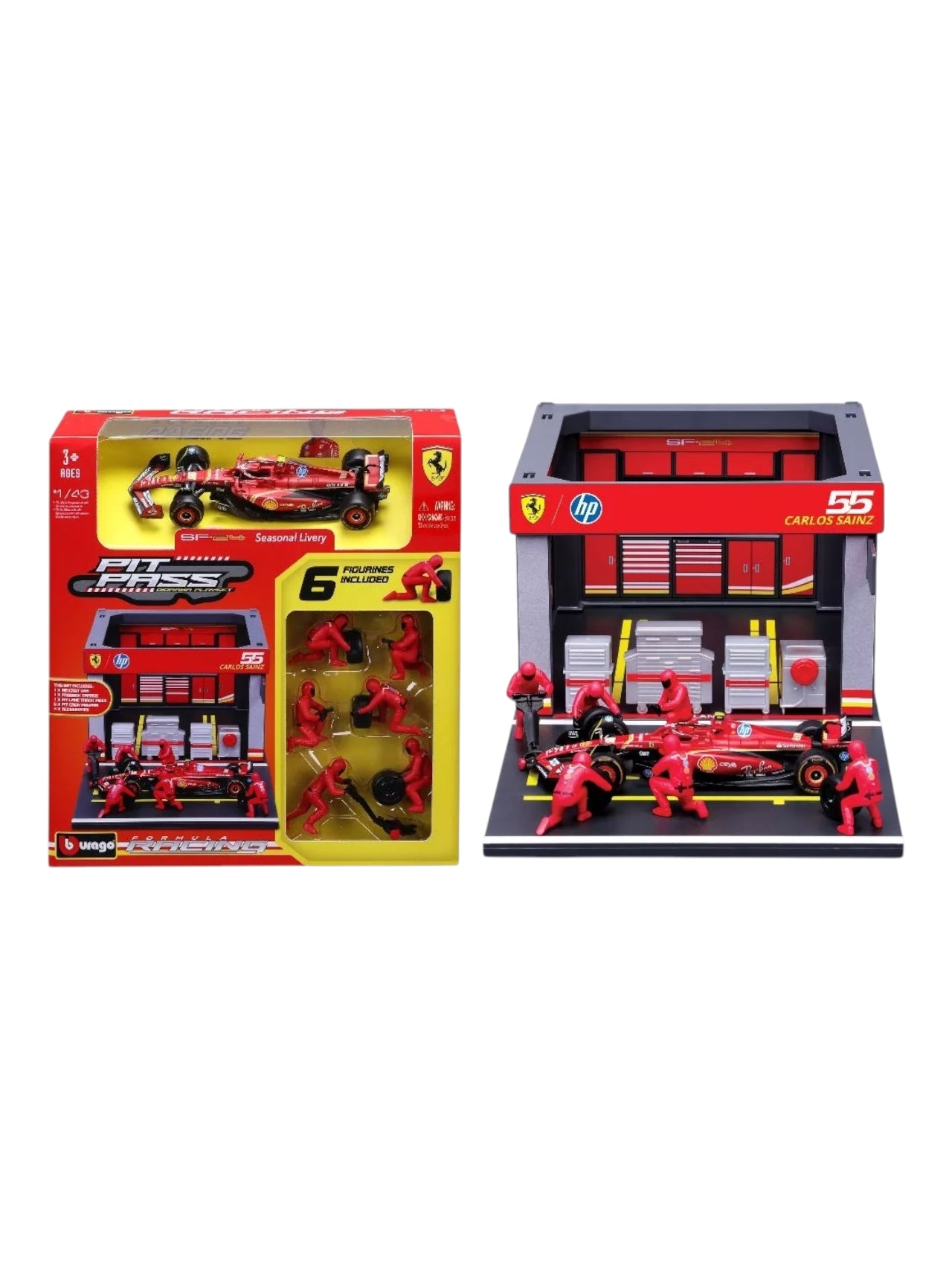 Bburago 2024 formula 1 (f1) pit pass Carlos sainz no 55 1:43 scale (6 figurines included)