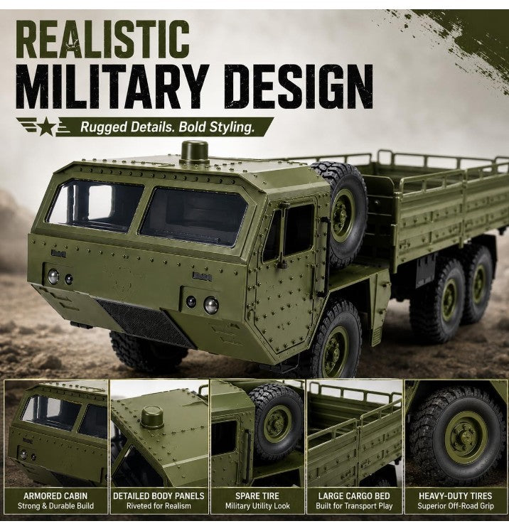 Transporter 2.4G 6WD RC Off-Road Military Truck – 500G Loading Capacity, 6-Wheel Drive, Shock Absorbers & Speed Conversion, Heavy-Duty Remote Control Cargo Truck 1:16 Scale
