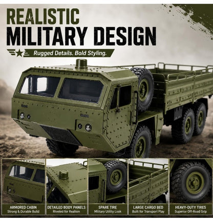 Transporter 2.4G 6WD RC Off-Road Military Truck – 500G Loading Capacity, 6-Wheel Drive, Shock Absorbers & Speed Conversion, Heavy-Duty Remote Control Cargo Truck 1:16 Scale