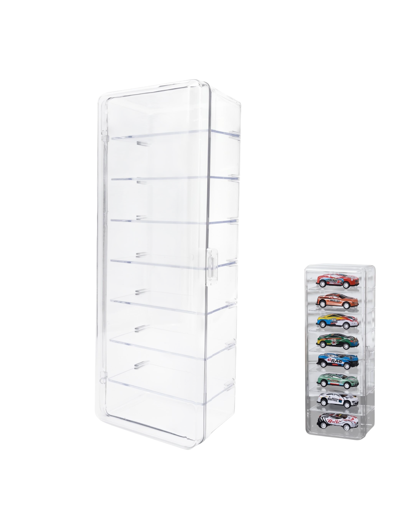 Mini racing car model storege clear display box with door 8 compartments vertical display