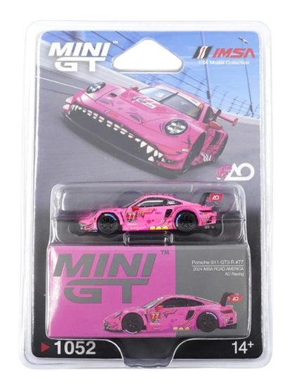 Mini GT #1052: Roxy Porsche 911 GT3 R #77 AO Racing 2024 IMSA Road America 1:64 Scale Box packaging