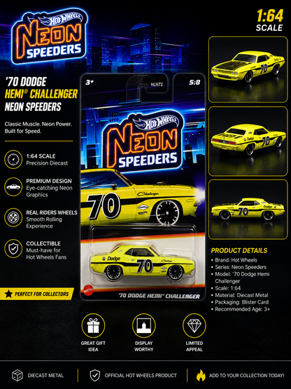 Hotwheels Mainline "70 Dodge HEMI Challenger" Card Art Neon Speeders | 1:64 Scale Diecast Model Car