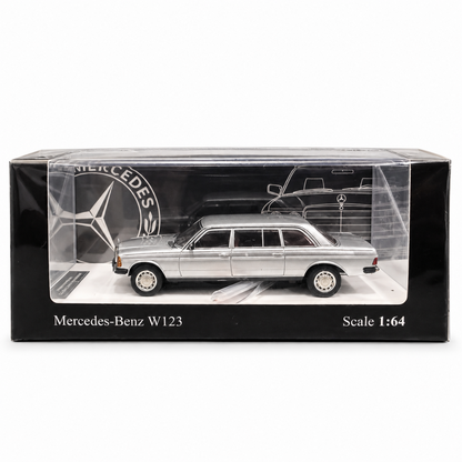 Mercedes-Benz W123 Silver 1:64 Scale Die-Cast Model Car – Classic Luxury Sedan