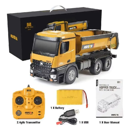 Huina Toys 1573 RC Dump Loader Truck 14 Function upgrade With 10kg Load Capacity LED Light 2.4GHz 10-channel remote controller 1:14 Scale Rechargeable Battery Included – 7.2V Remote control