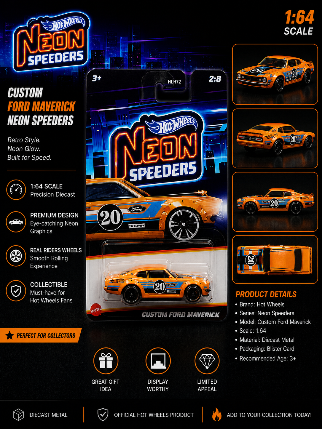 Hotwheels Mainline "Custom / Personnalise Ford Maverick" – Neon Speeders |Card Art  1:64 Scale Diecast Model Car