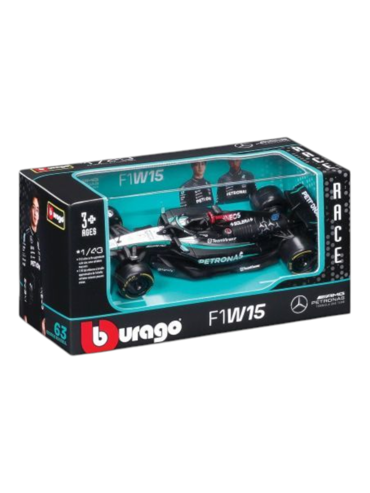 Bburago MERCEDES AMG PETRONAS 2024 Formula 1 (F1) W 15 E Performance no. 63 George Russell 1:43 (With Acrylic Case)
