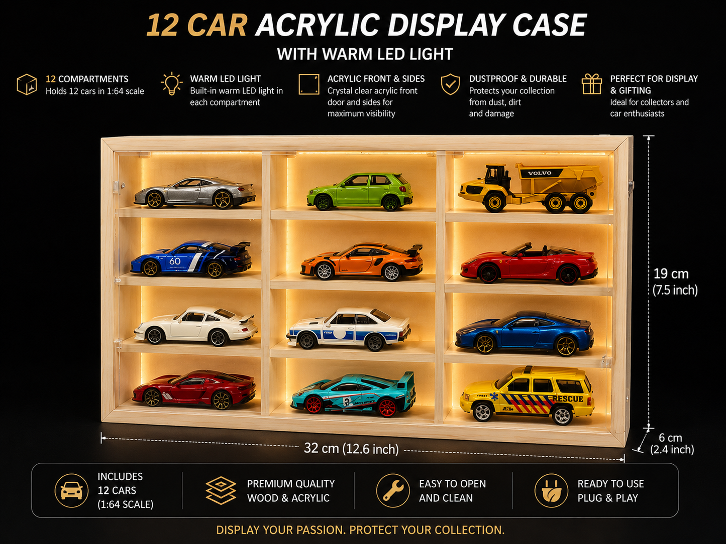 LED Acrylic Storage Case with for 12 Diecast Cars | 32x19x6 cm | 12 Cars Included | Dustproof Compartment Showcase wooden storage case