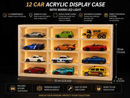 LED Acrylic Storage Case with for 12 Diecast Cars | 32x19x6 cm | 12 Cars Included | Dustproof Compartment Showcase wooden storage case