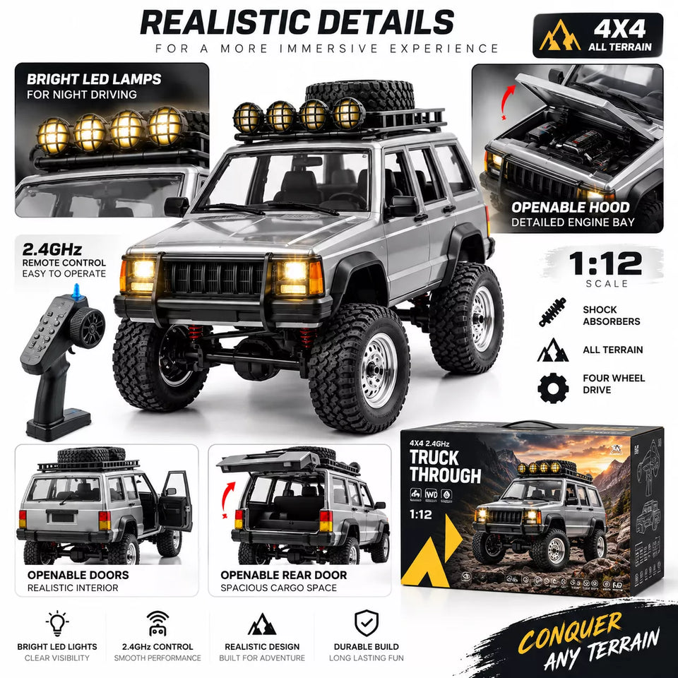 Hobby Grade RC Crawler Off-Road Truck with 2.4GHz Remote, LED Lights & Rechargeable Battery 1:12 Scale Remote Control Truck