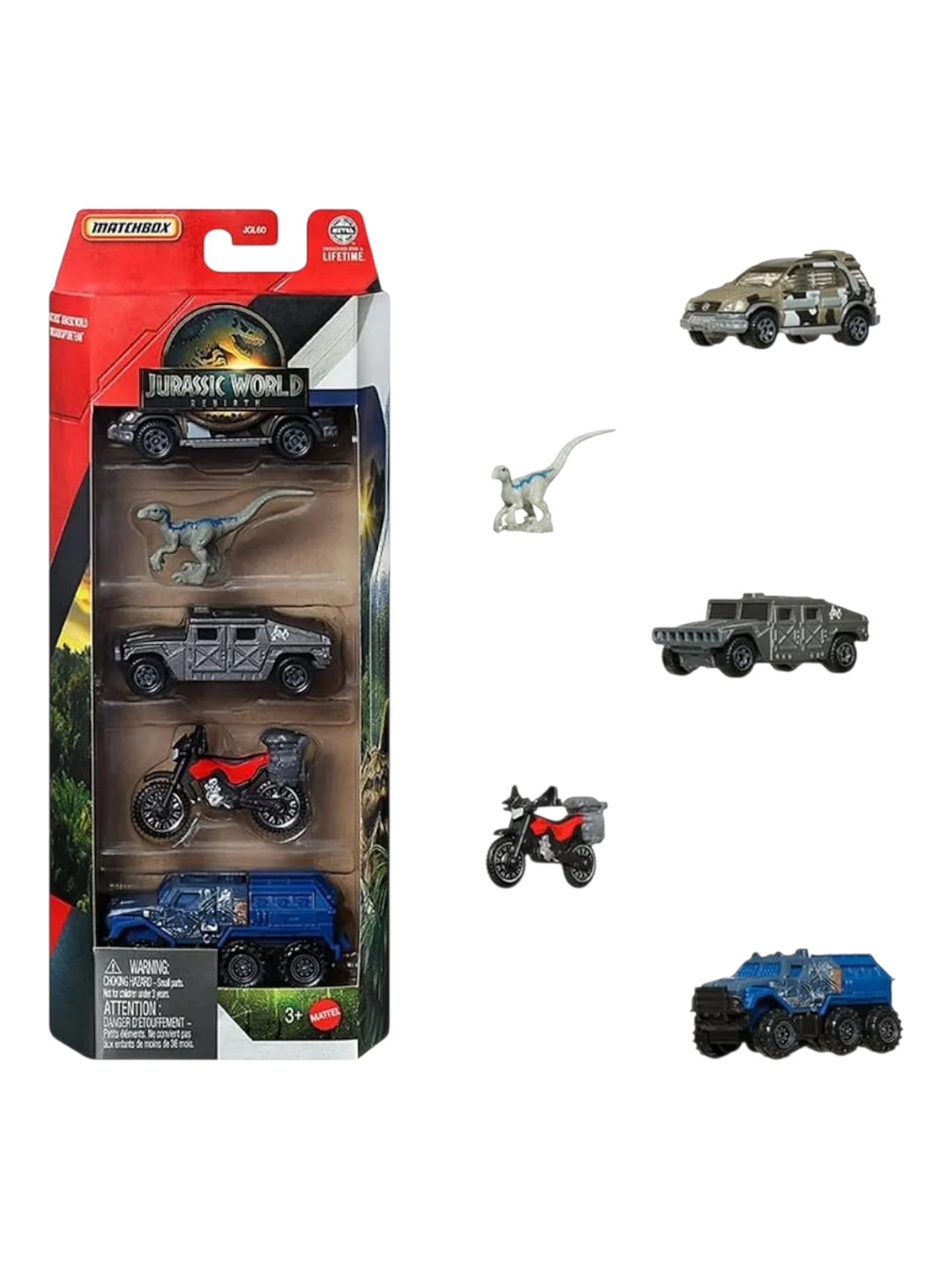 Matchbox Jurassic World Toy Cars, Trucks & Dinosaur, 5-Pack Imported 1:64 Scale Die-Cast