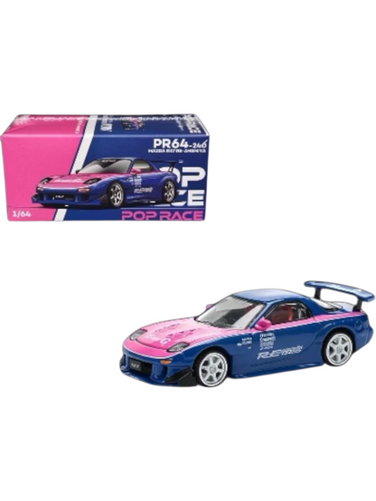 POP RACE Mazda RX-7 RE Amemiya Blue Pink 1:64 Die-Cast Car Model | PR64-240